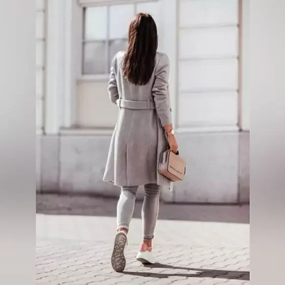 Elegant New Casual Winter and Autumn Woolen Coat Solid Color Bandage Woo… Pea Coats